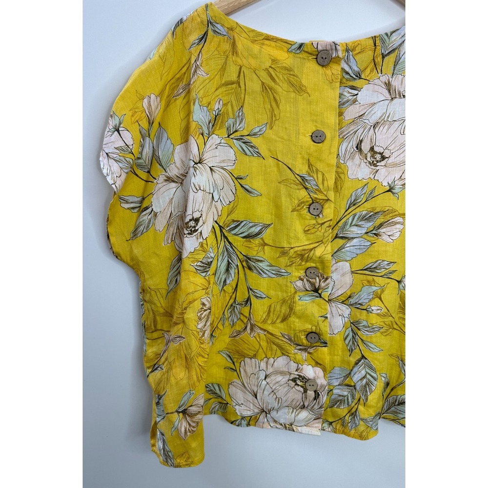 Nicole Miller 100% Linen Yellow Floral Button Back Boxy Top Large Lagonlook - Picture 10 of 12